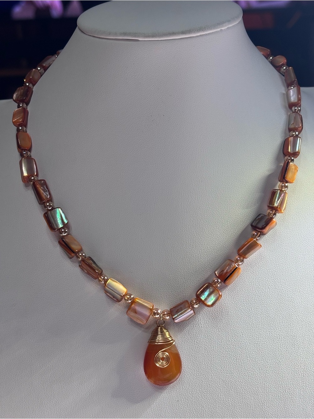 Iridescent Brown Beaded Necklace with Amber Teardrop Pendant 17 inches